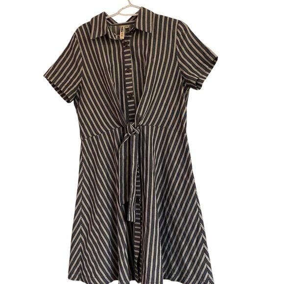 Lara Blue White Striped Button Front Dress Size L Belted Short Sleeve - Picture 3 of 6
